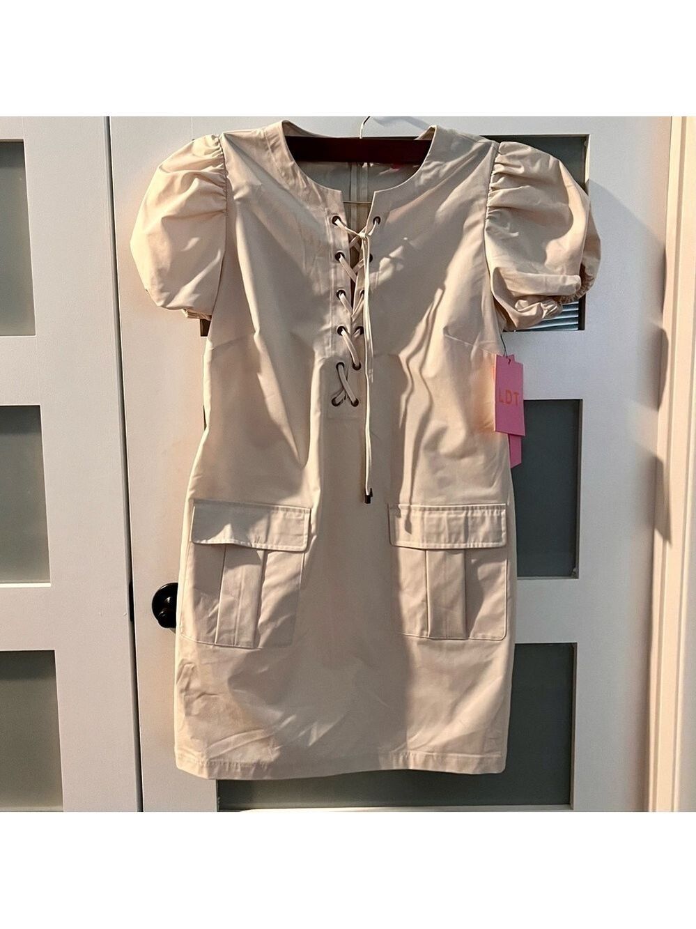 LDT Lace up round neck puff sleeves shift dress.  NWT Size 10.